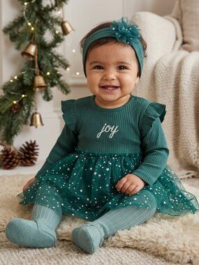 Little Me Teal Tulle Skirted One Piece Silver Star & Headband Christmas 9 Months